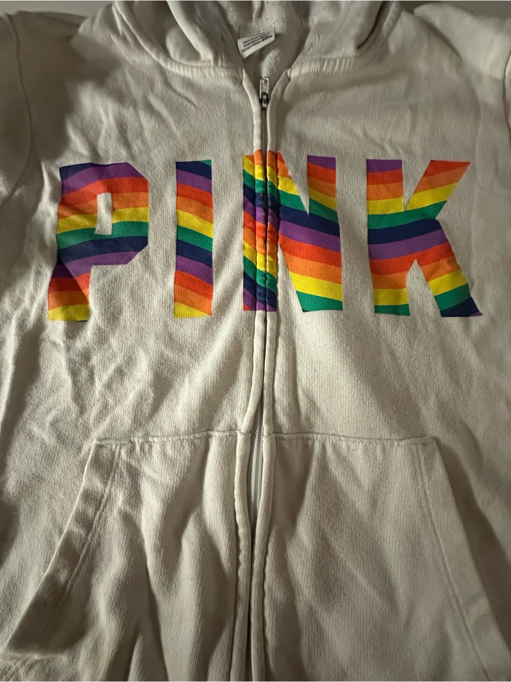 PINK Victoria's Secret White Zip-Up Hoodie with Rainbow Lettering